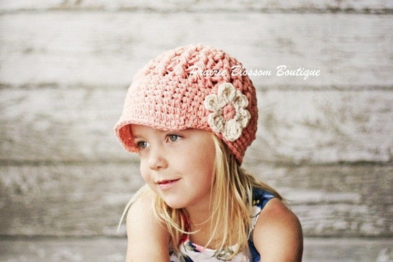 Crochet Hat for Girls, Hats for Toddlers, Visor Beanie Hat, Toddler Girl Hat, Peach, Off White, Cotton, Children Accessories, 2T to 4T Hat