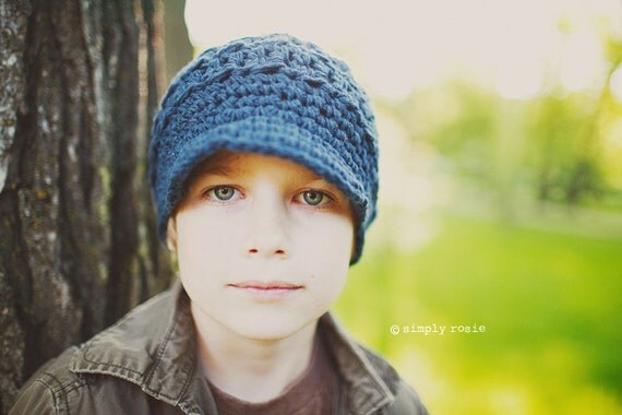 Crochet Hat for Boys, Hat with Visor, Crochet Newsboy Hat, Cap for Boys, Indigo, Cotton, 5T to Preteen