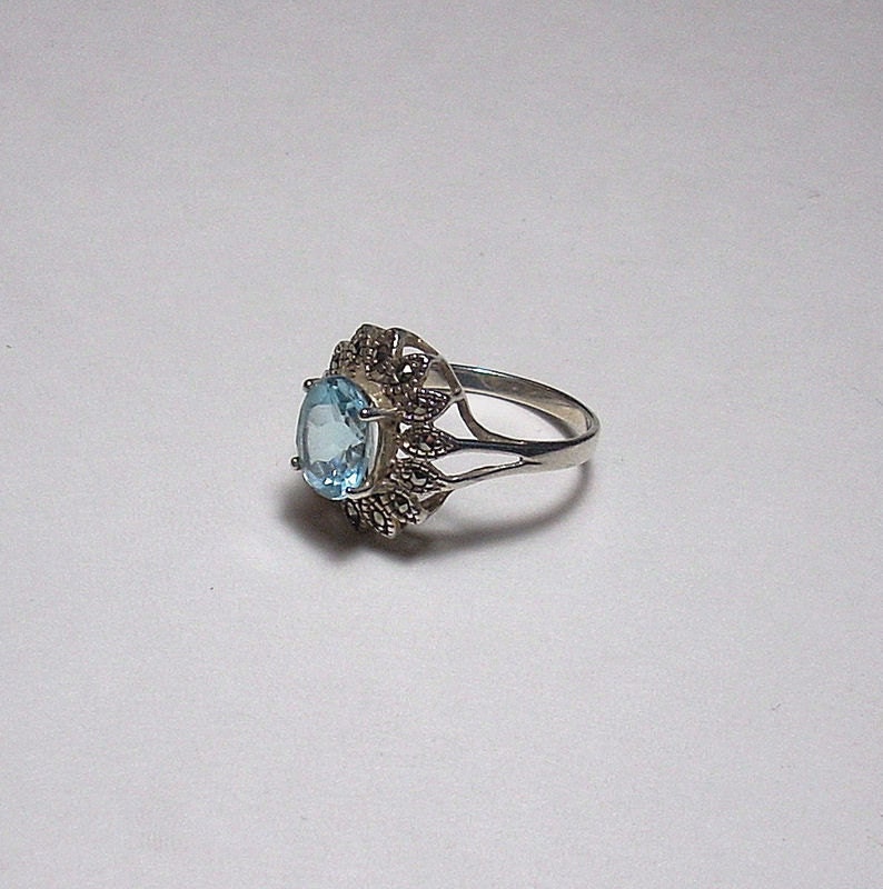 Vintage Artisan Genuine Blue Topaz and Marcasite Sterling Silver Ring
