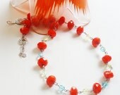 Bright Orange Green Aquamarine Crystal  Rondelle Beaded Silver Necklace/ Orange Tangerine Tango NecklaceGift Guide Under 50