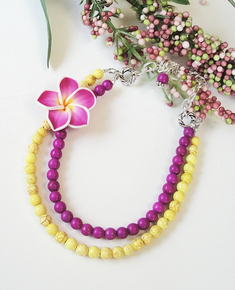 Yellow Purple Gemstone Soft Clay Plumeria Layered Necklace, Spring Frangipani Flower Necklace, Mothers Day Gift