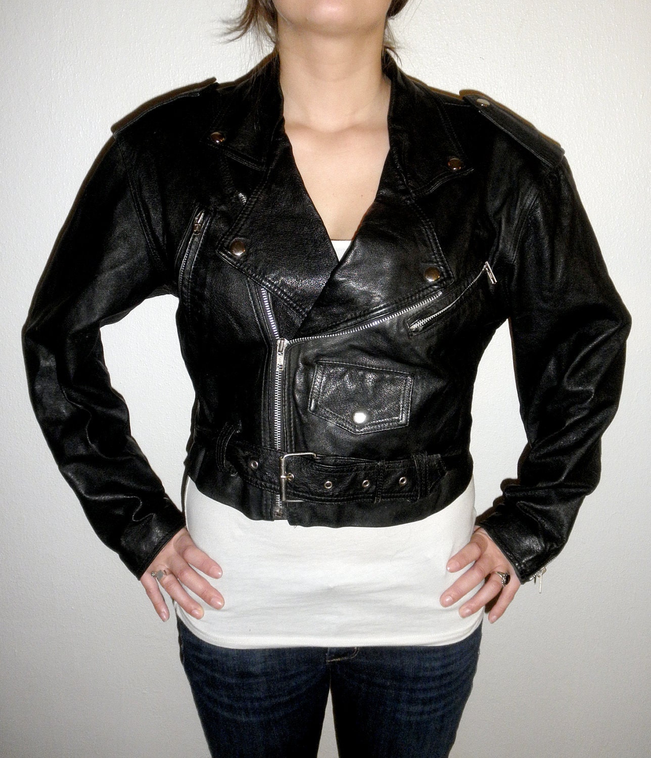 Ladies Crop Top Black Leather Biker Jacket by Wilsons Leather Experts- Wonderful Condition - Medium