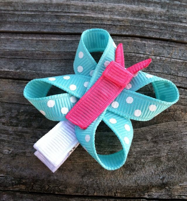 Aqua Turquoise, Hot Pink, and White Polka Dotted Butterfly Ribbon Sculpture Hair Clip... Free Shipping Promo