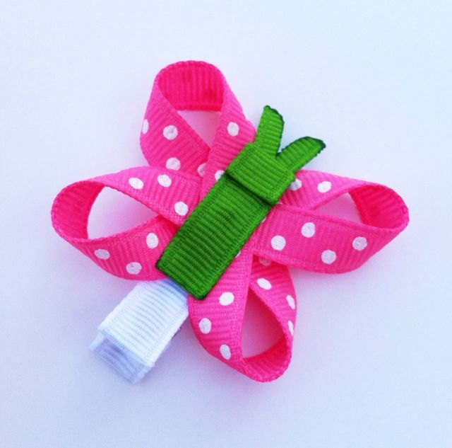 Hot Pink, Apple Green, and White Polka Dotted Butterfly Ribbon Sculpture Hair Clip... Free Shipping Promo