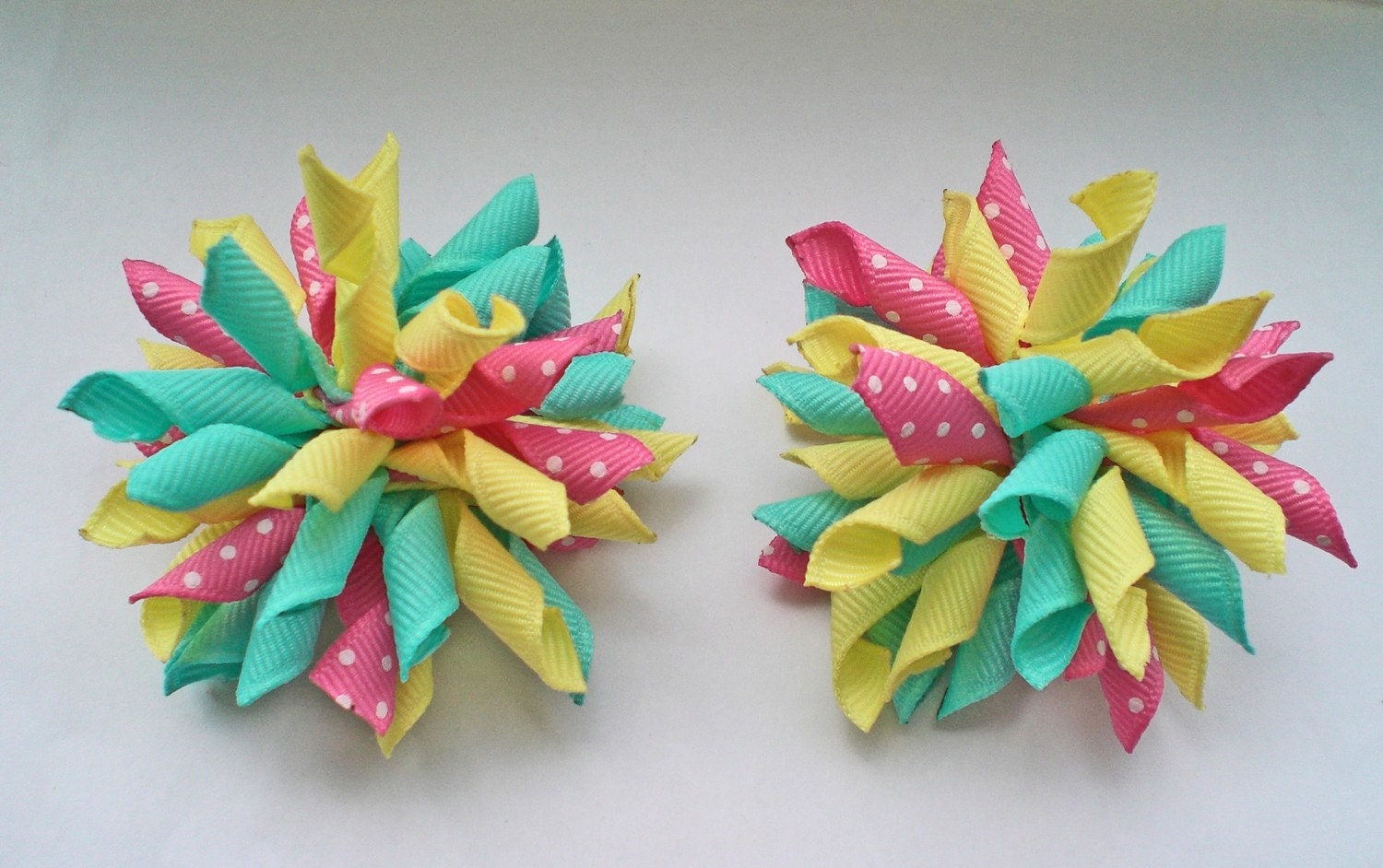 Korker Hair Bow Pigtail Set in Aqua, Yellow, and Hot Pink Polka Dots... Great for Pigtails or Shared Between Two Girls.. Free Shipping Promo