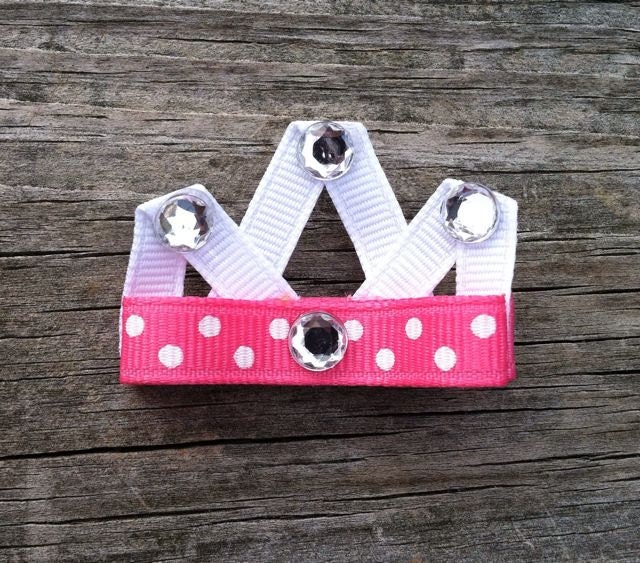 Pink and White Polka Dotted Princess Crown Ribbon Sculpture Hair Clip - Girls Hair Accessories... Free Shipping Promo