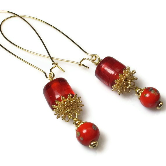 Red Earrings, Everyday Earrings, Bead Dangle Earrings