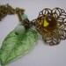 Flower Pendant with glass drop - necklace, yellow,green,leaf,glass