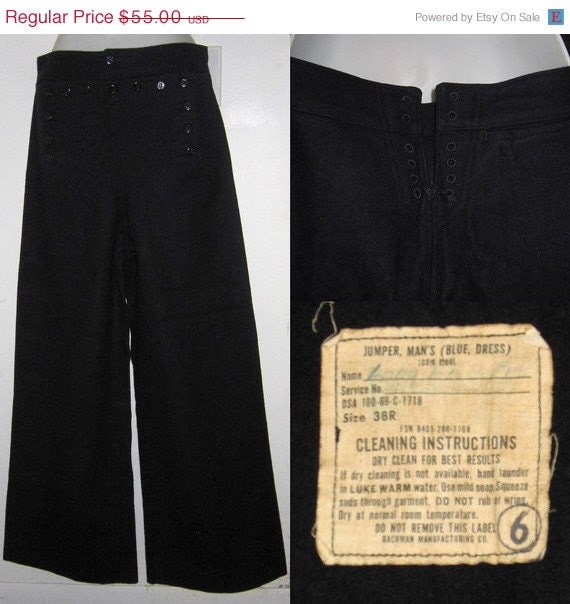 70s Navy Sailor Pants with Multiple Button Front Flap and Lace Up Back