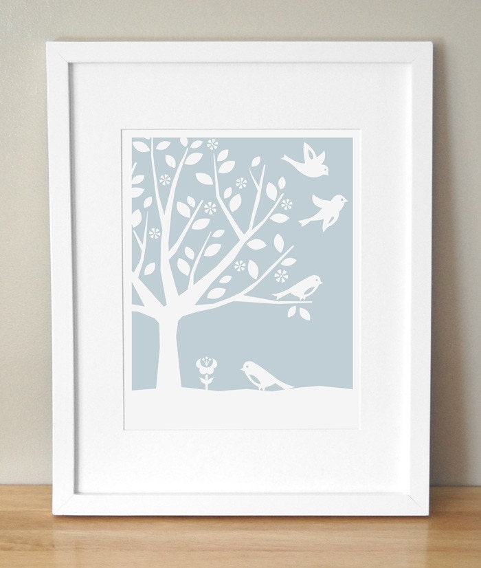 Nursery Art Print - CUSTOM COLOR - Peaceful Tree, Birds 11x14