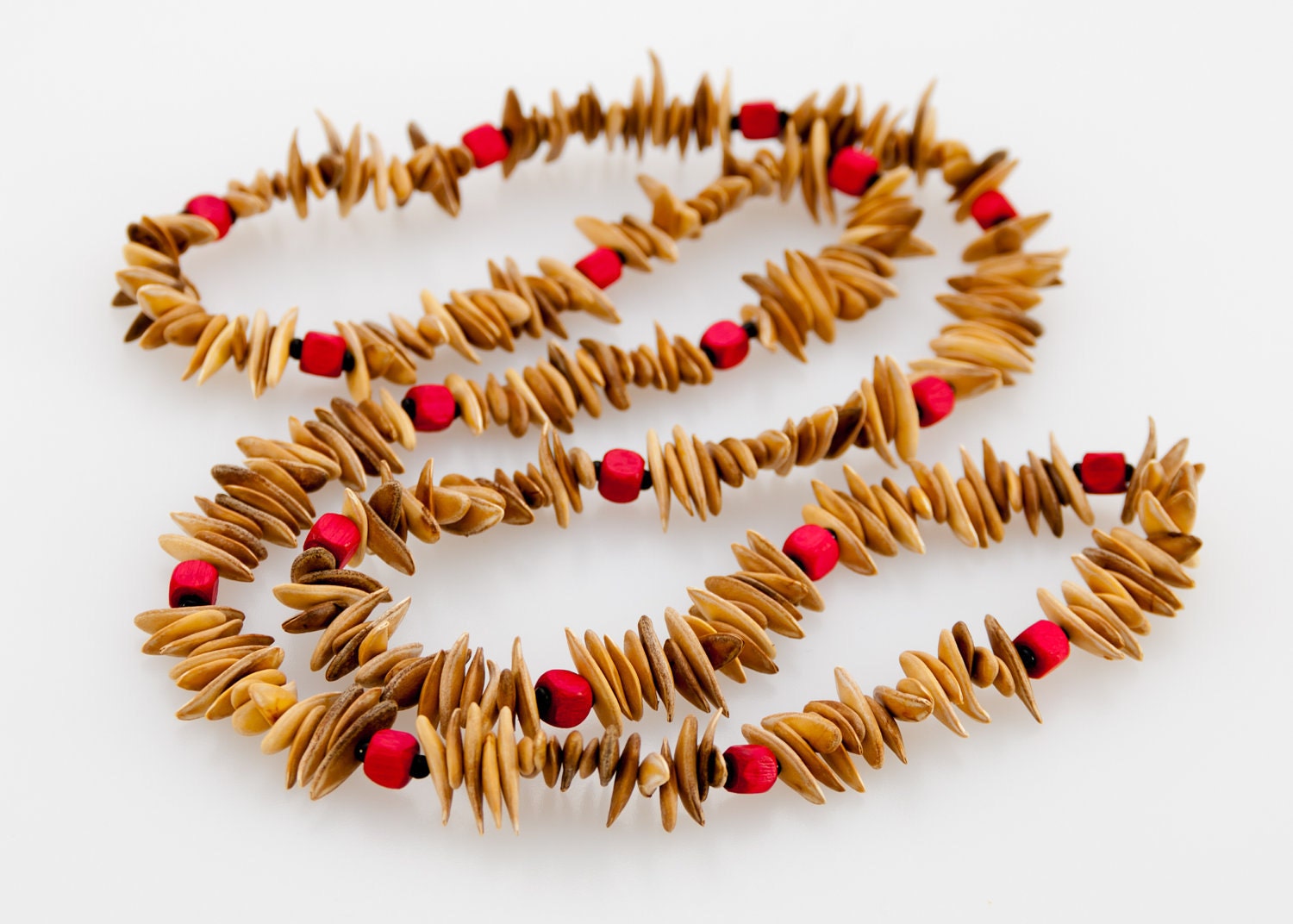Honeydew Seeds Necklace - Natural Dried Seeds and Red Wooden Beads, Boho, Tribal, Eco-friendly