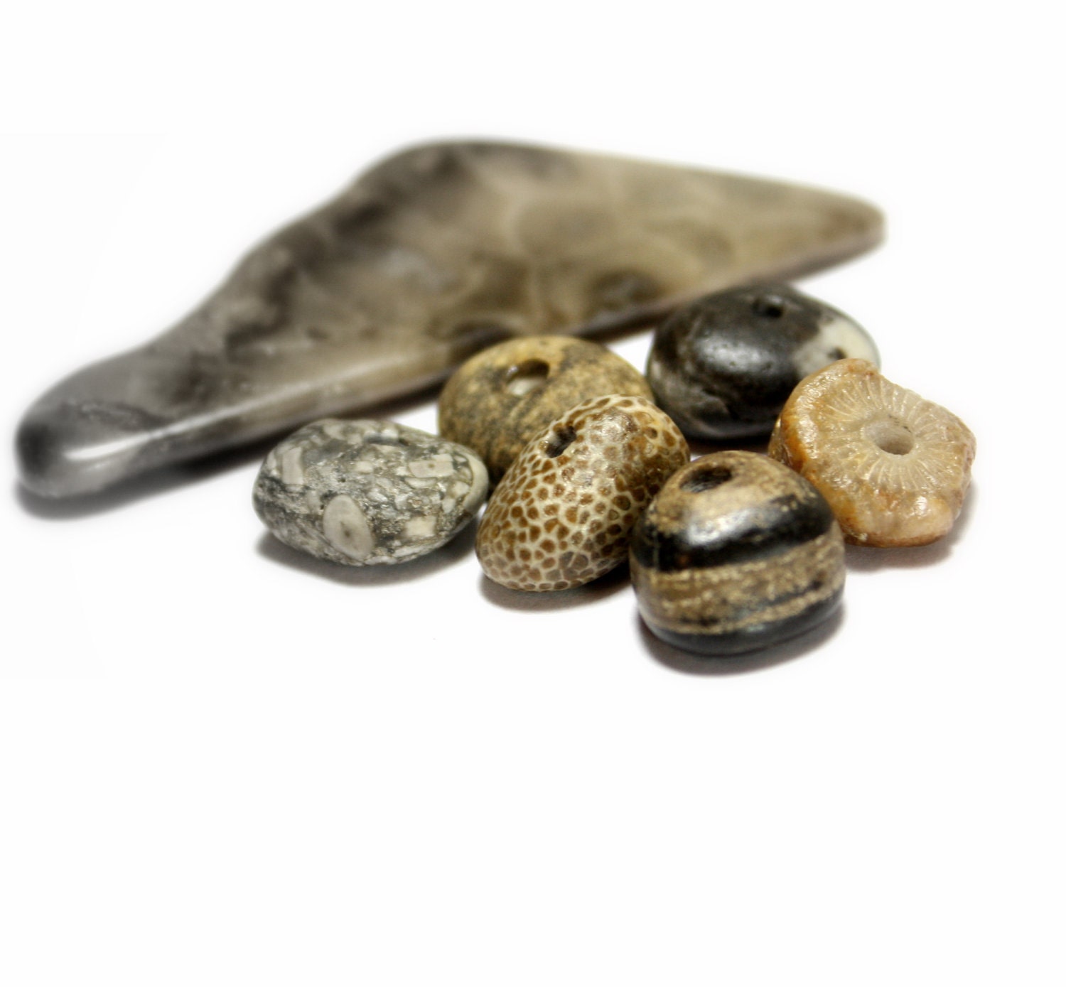 Beach Stone Jewelry Spacers- Genuine Drilled Fossil and Pebble Rondelle's- Pandora Style Beads- "Sea Story" by Allybeans