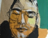 Original Mixed Media Drawing Head Portrait Collage  6.75 x 5.5 inches by Catalina