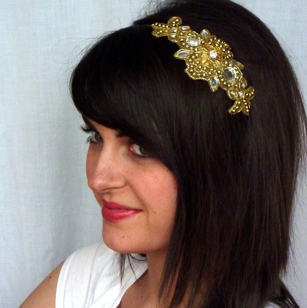 Sale-Golden Beaded Headband French Floral Crown for Women and Teens by Jill's Boutique