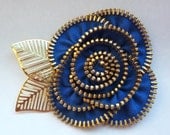 Zipper Rose Pin Sapphire Blue and Gold Brooch Hairclip Handmade for Women by Jill's Boutique