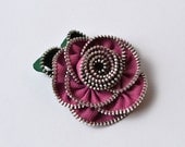 Zipper Rose Pin Violet Mulberry Raspberry and Silver Brooch Hairclip Handmade for Women by Jill's Boutique