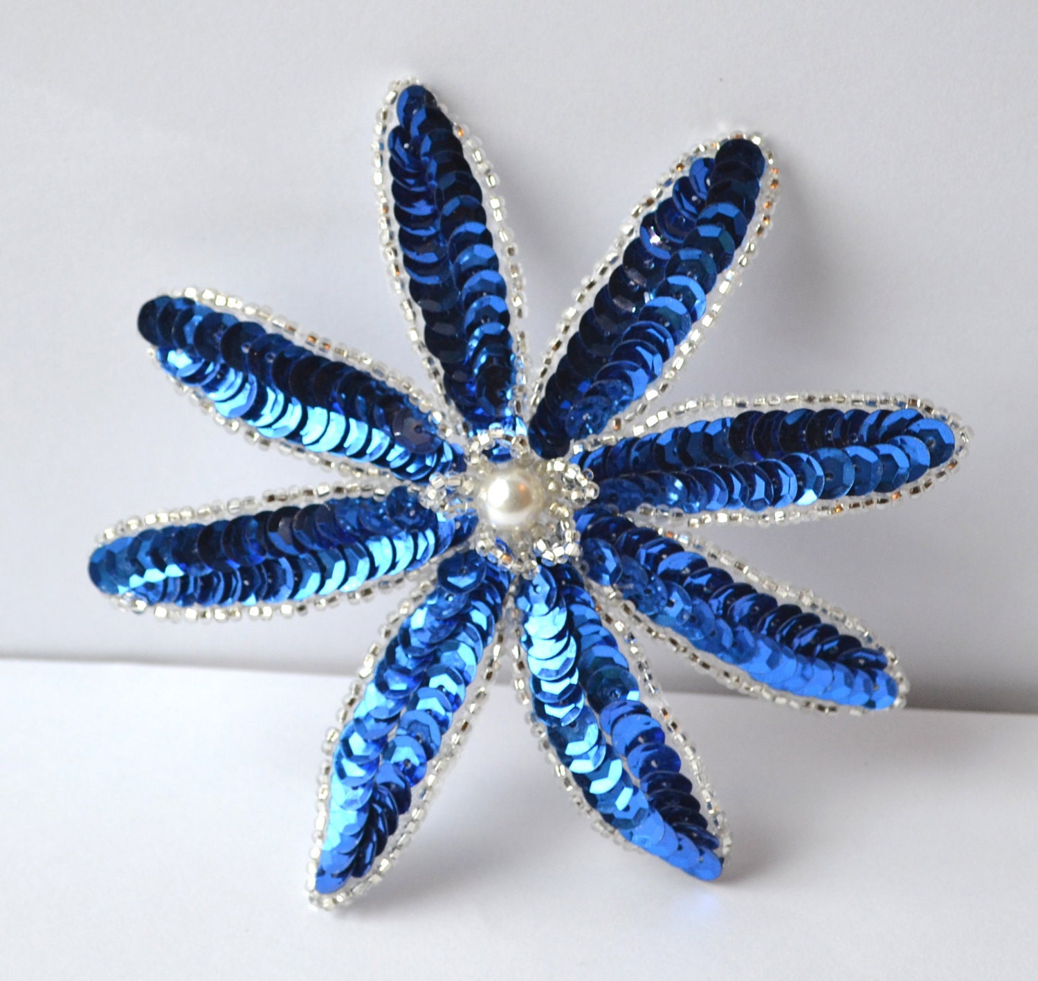 Royal Blue and Silver Beaded Sequin Flower Hairclip for Women and Teens handmade by Jill's Boutique