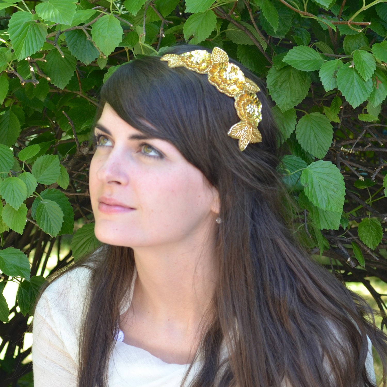 Beaded Headband, Gold Headband Metallic Beaded Sequin Flower Headband for women and teens by Jill's Boutique
