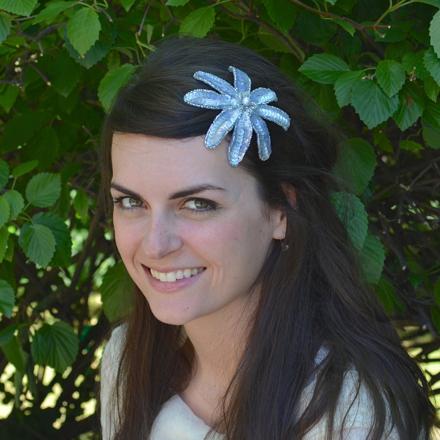 Icy Blue and Silver Beaded Sequin Flower Hairclip for Women and Teens handmade by Jill's Boutique