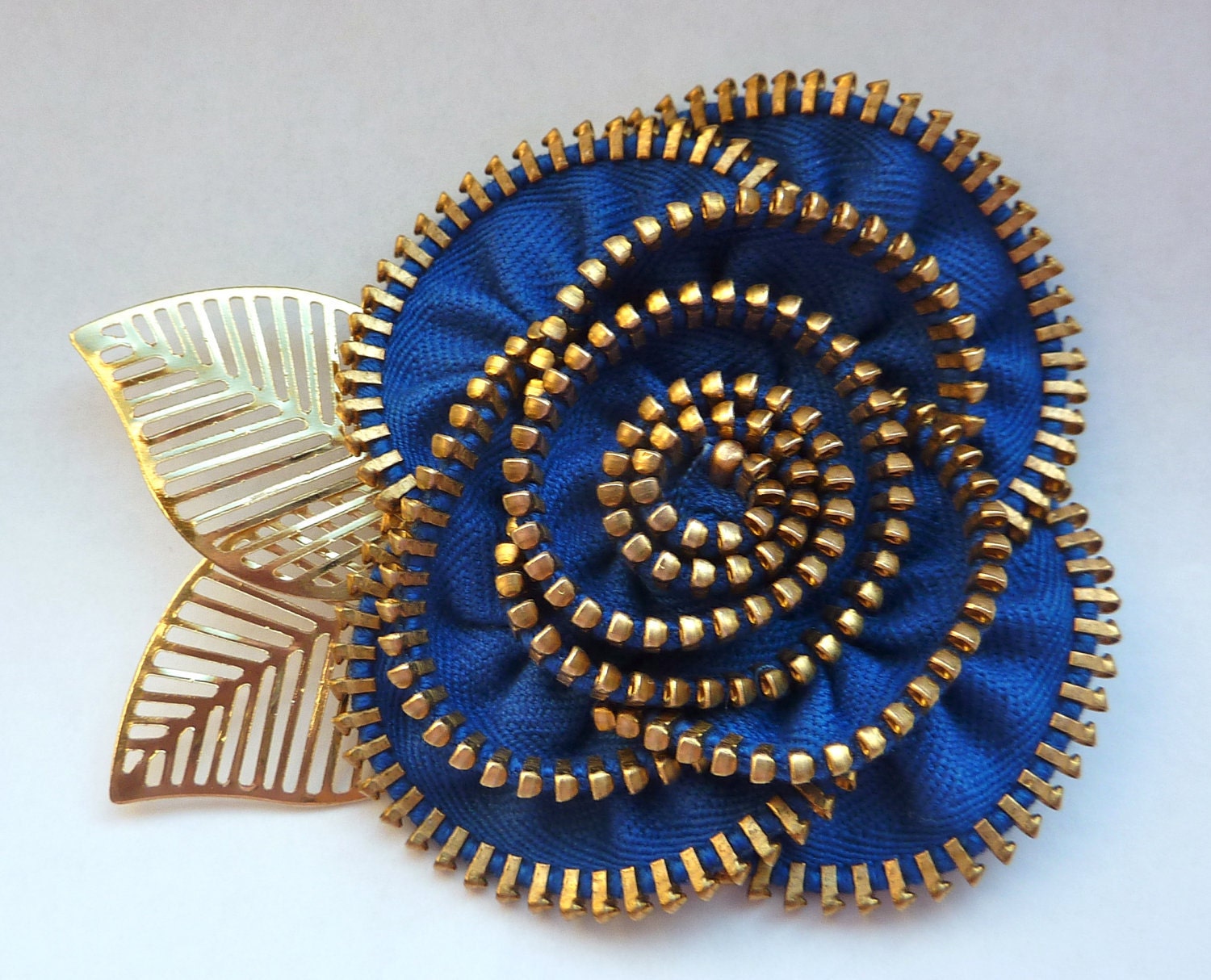 Zipper Rose Pin Sapphire Blue and Gold Brooch Hairclip Handmade for Women by Jill's Boutique