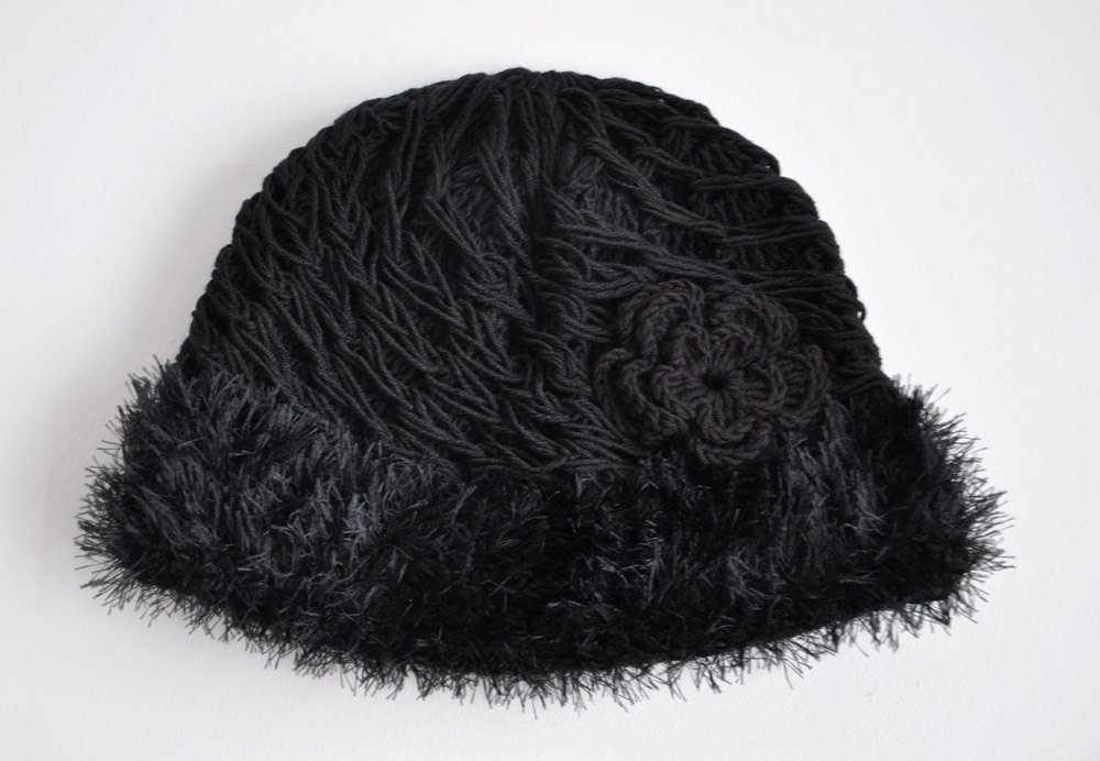 Black Crochet Beanie Hat Chunky beret for women