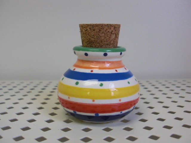 Bright Stripes and Polka Dots Tiny Ceramic Cute Jar with Cork Stopper