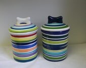 Bright Cool Color Stripes Dog Treat Ceramic Canister with Bone Lid - Blues and Greens - Ready to Ship