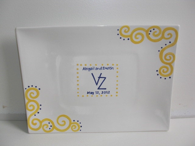 Custom Wedding Signature Guestbook Platter - Personalized with Scrolls Polka Dot Border and Intials