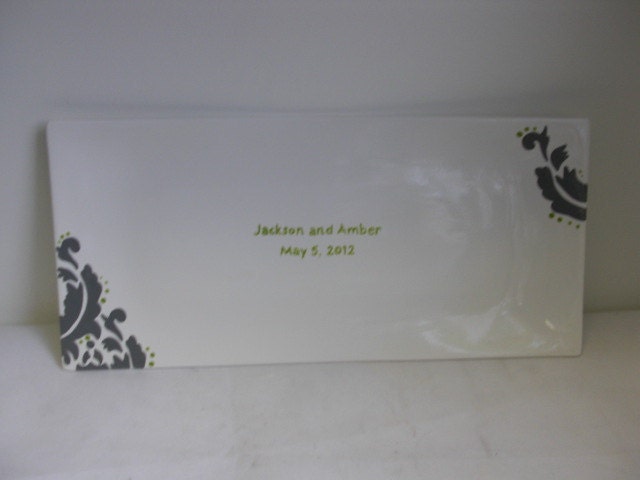 Long Rectangular Custom Signature Guestbook Platter - Personalized in Gray Damask with Lime Green