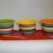 4 Piece Ceramic Herb Planter Flower Pot in Bright Rainbow Stripes with Red Tray