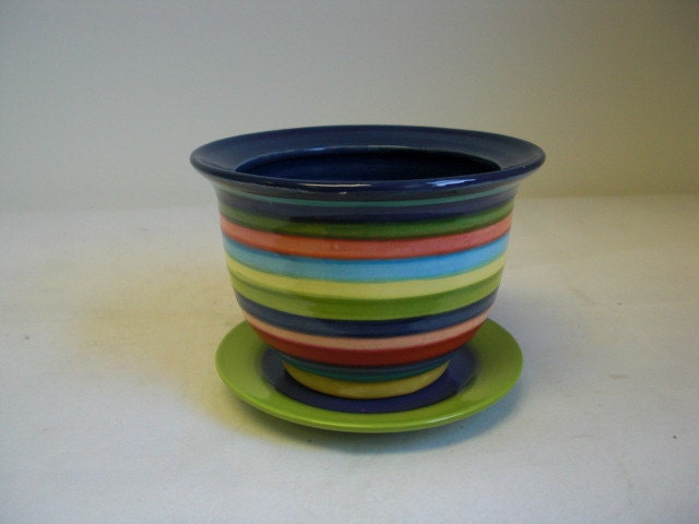 Small Ceramic Flower Pot with Drip in Bright Rainbow Colors Stripes - Grass Green Interior