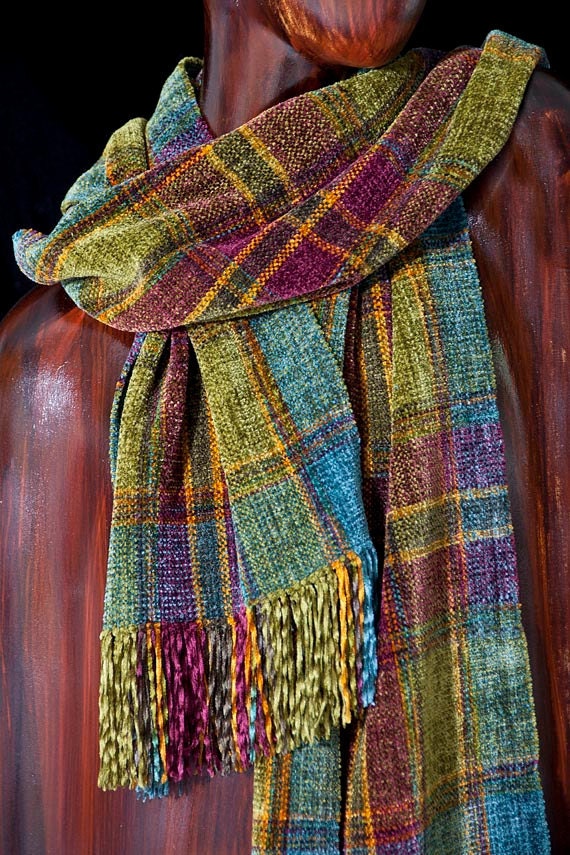 Hand Woven Jewel Toned Chenille Scarf, Handwoven Plaid Scarf