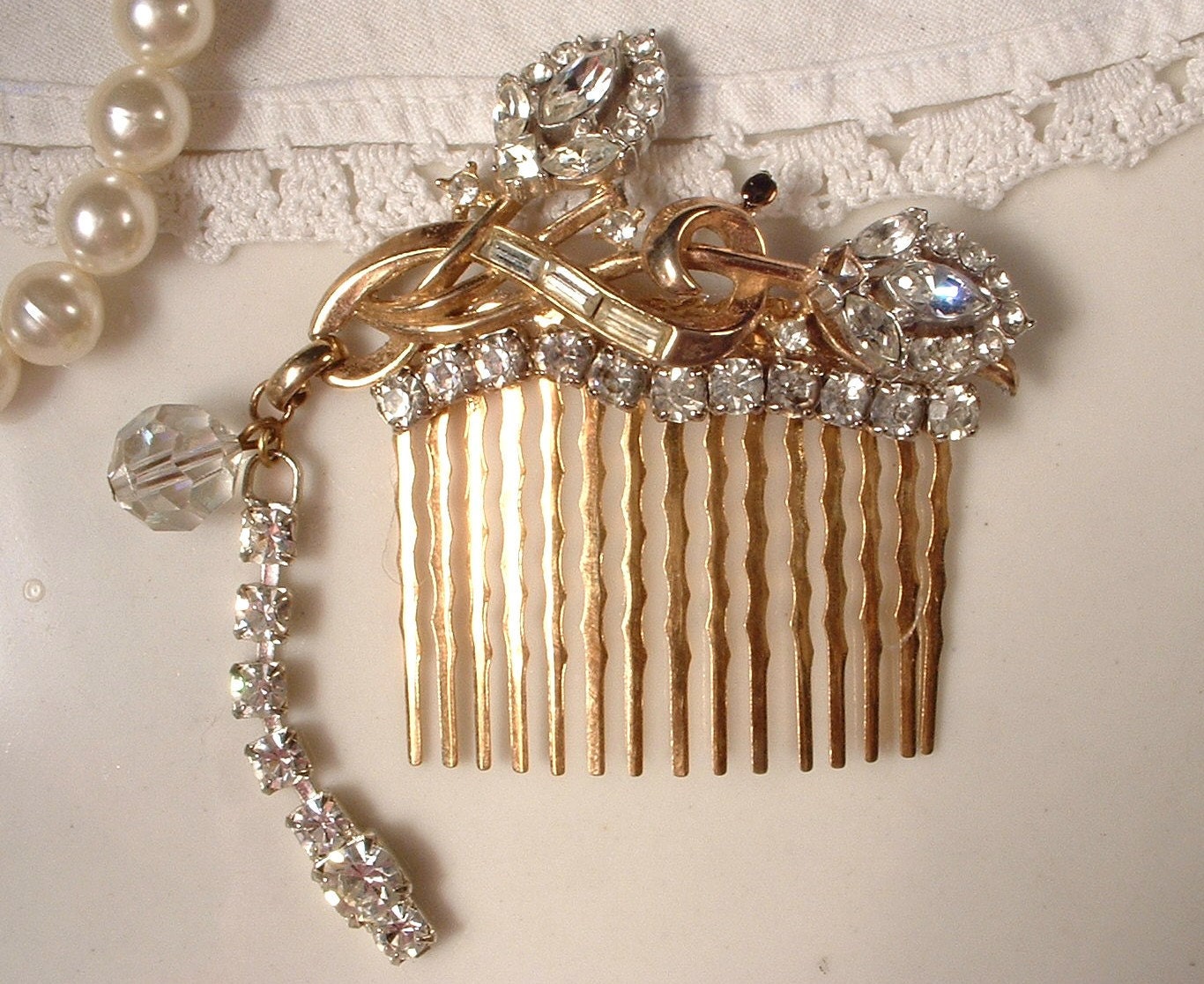 RESERVED Ooak Rhinestone Floral Bridal Hair Comb - 22K Gold TRUE Vintage Heirloom Brooch Comb Dangle ExQuiSitE