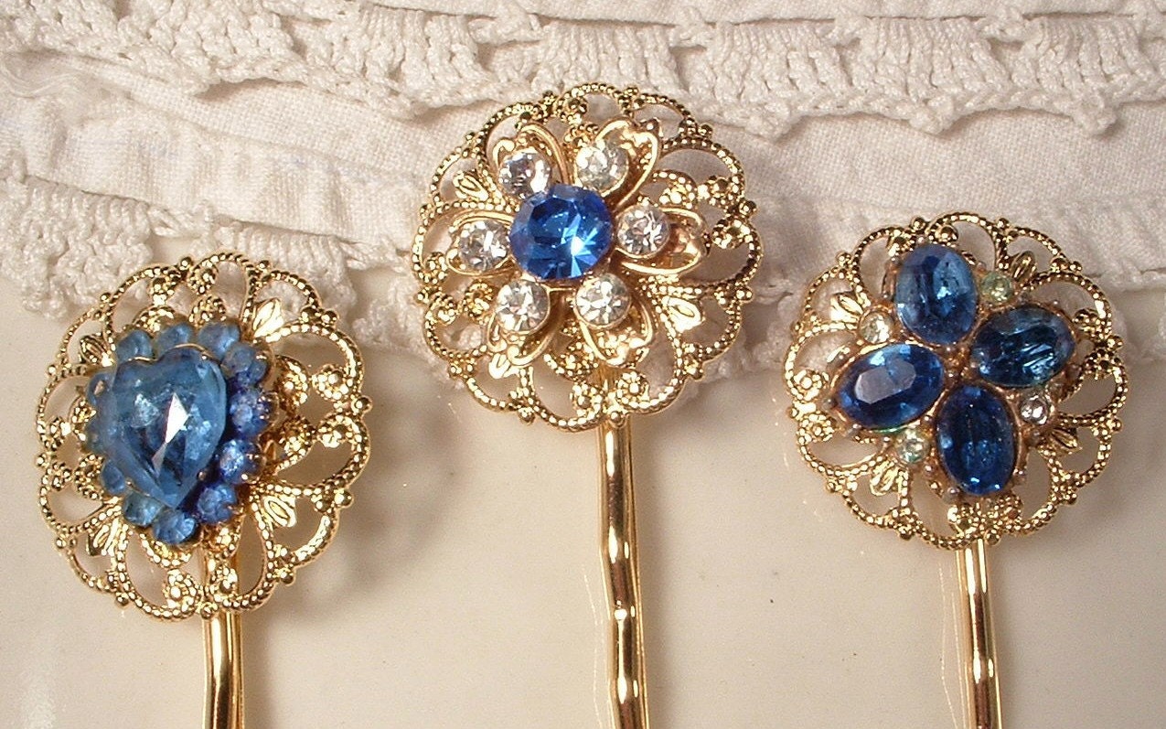 Vintage Sapphire Blue & Clear Crystal Gold Bridal Hair Pins - 22K Gold Heirloom Jeweled Hair Clips Set of 3