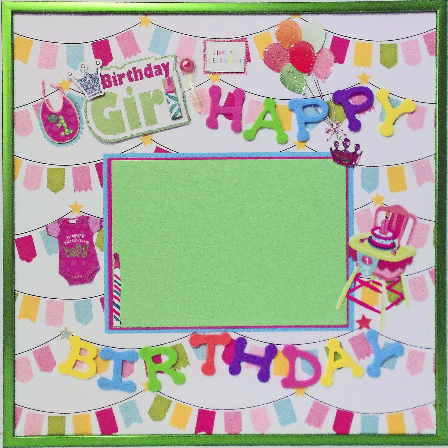 BIRTHDAY GIRL First Birthday Memory Album Page with Green Metallic Frame