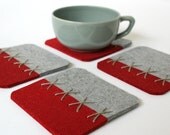 Felt Coasters with Xs in Red and Gray Merino Wool