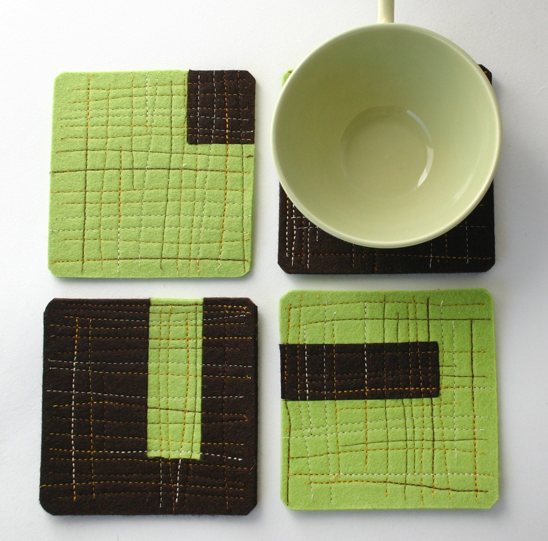 Felt Coasters in Green and Chocolate Brown Merino Wool with Orange Top-Stitching