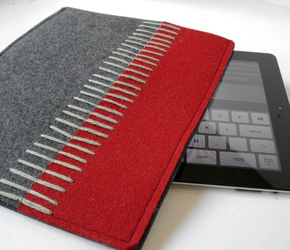 Felt Ipad Sleeve in Merino Wool Red and Gray
