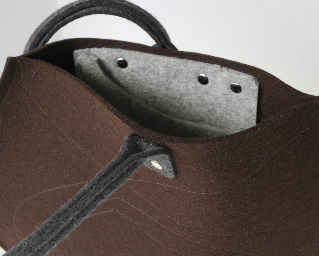 Chocolate Brown and Gray Round Wool Felt Purse
