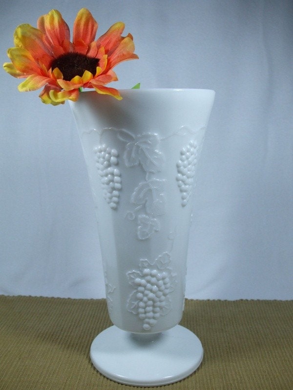 Vintage Milk Glass Grape Design Pedestal Vase by trappedintheattic
