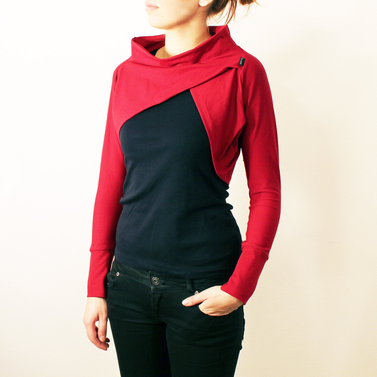 Dark red shrug, Boat neck, Womens asymmetrical fashion, Party shrug