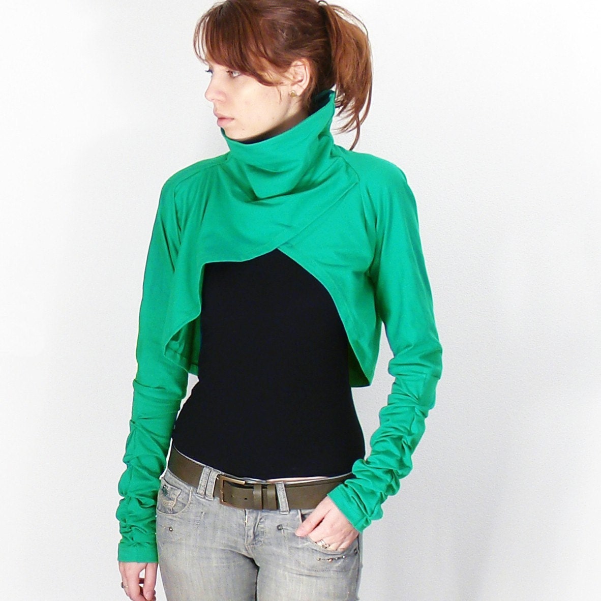 Long sleeves shrug,Cowl shrug bolero, Oversized shrug, Green