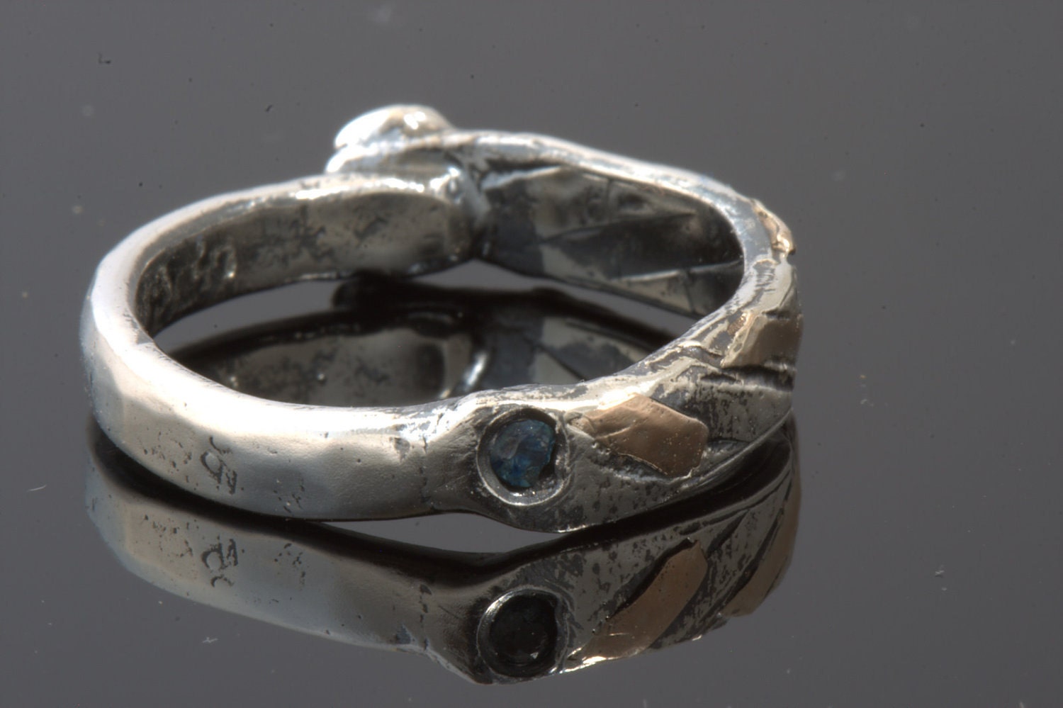 Ring Size 9.5 - 10 - Sterling Silver And Gold, with 2 Sapphires, Handmade From Israel