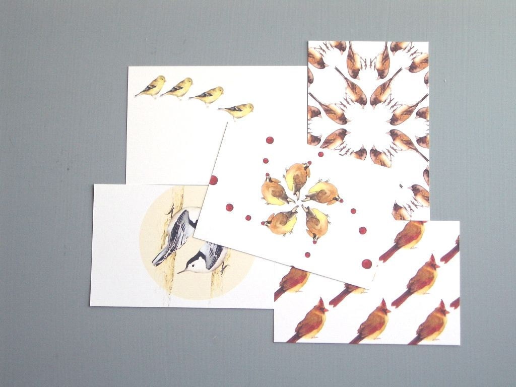 Geometric Bird Patterns - Set of 5 Postcards (Cedar Waxwings, Goldfinches, Juncos, Cardinals, Nuthatches))