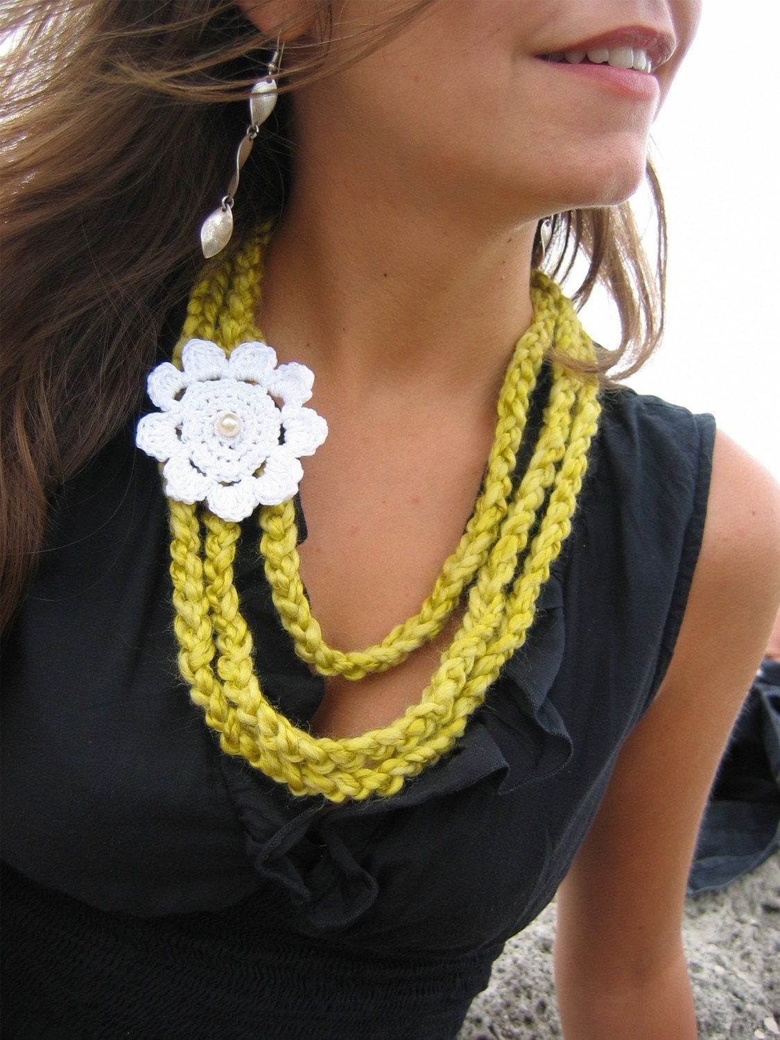 Yellow / Green Crochet Strand Necklace with White Flower