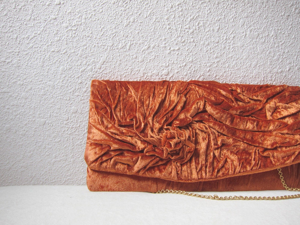 Unique artistic handmade retro Clutch bag in  plush in copper gold color