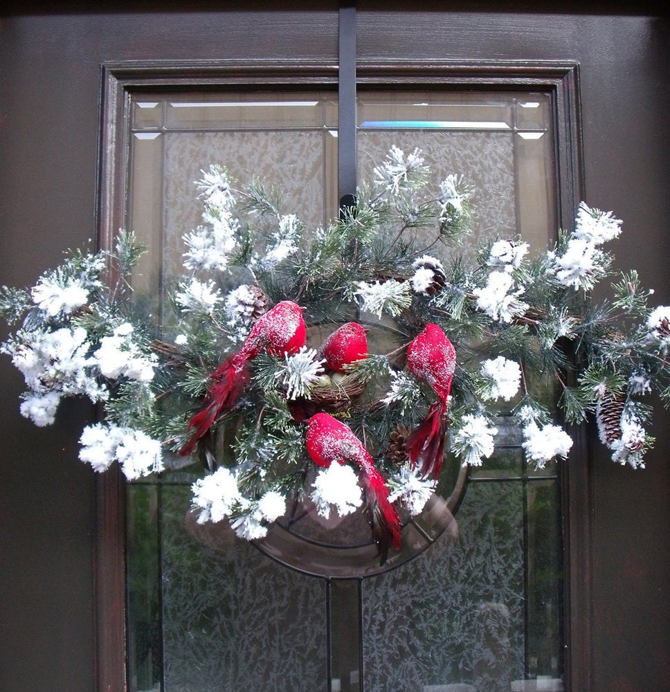 Winter Swag Christmas Wreath Winter Door Wreath Christmas Vertical Swag Red Snow Birds Nest