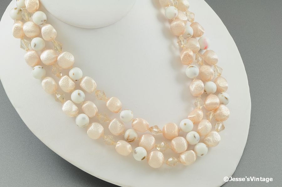 Multi Strand MadMen Necklace w Peach & White Beads
