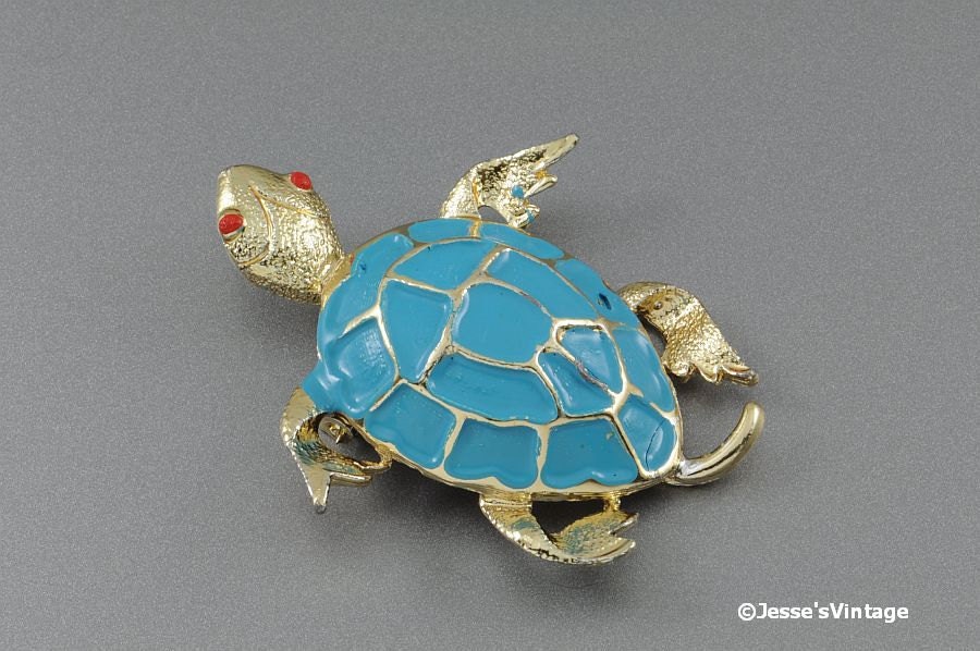 Vintage Turtle Brooch Pin Blue Enamel Gold Tone Red Eyes