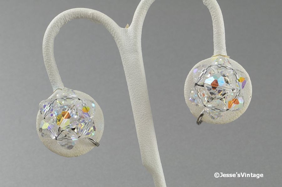 Vintage Glass Bead Earrings Crystal Aurora Borealis Clip